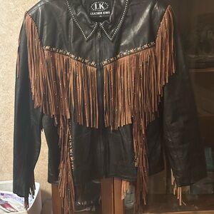 Leather King Studded Black and Brown Fringe Jacket